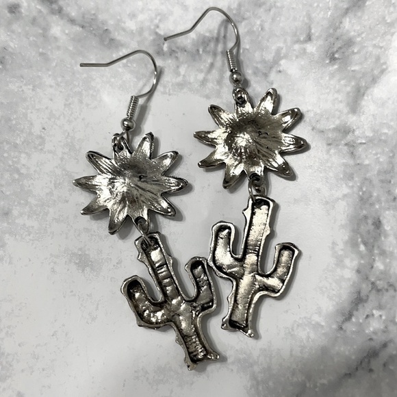 Silver Daisy Cactus Drop Earrings - Picture 10 of 14